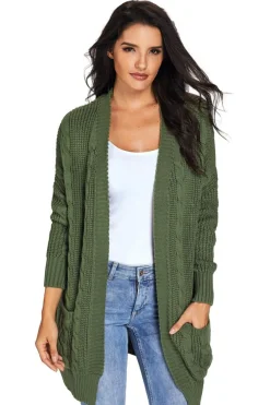 Sale Dear-Lover Army Knit Texture Long Cardigan Green