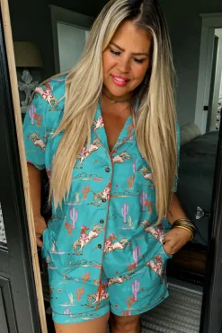 Fashion Dear-Lover Cowgirl Country Print Pajamas Set Aruba Blue