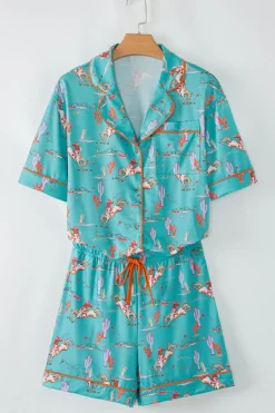 Fashion Dear-Lover Cowgirl Country Print Pajamas Set Aruba Blue