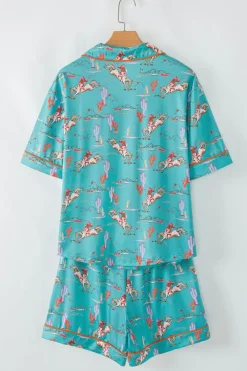 Fashion Dear-Lover Cowgirl Country Print Pajamas Set Aruba Blue