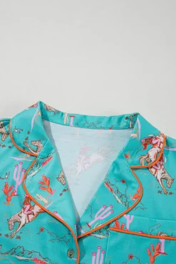 Fashion Dear-Lover Cowgirl Country Print Pajamas Set Aruba Blue