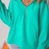 Sale Dear-Lover Fleece Lined Half Zipper Kangaroo Pockets Loose Hoodie Aruba Blue