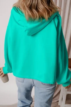 Sale Dear-Lover Fleece Lined Half Zipper Kangaroo Pockets Loose Hoodie Aruba Blue