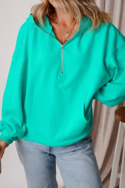 Sale Dear-Lover Fleece Lined Half Zipper Kangaroo Pockets Loose Hoodie Aruba Blue