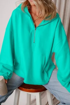 Sale Dear-Lover Fleece Lined Half Zipper Kangaroo Pockets Loose Hoodie Aruba Blue