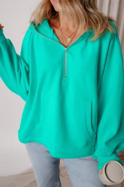 Sale Dear-Lover Fleece Lined Half Zipper Kangaroo Pockets Loose Hoodie Aruba Blue