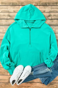 Sale Dear-Lover Fleece Lined Half Zipper Kangaroo Pockets Loose Hoodie Aruba Blue