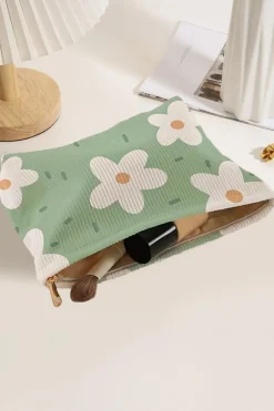 New Dear-Lover Flower Print Zipper Corduroy Big Cosmetic Bag Aruba Blue