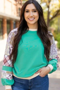 Fashion Dear-Lover Plaid Vintage Paisley Patchwork Long Sleeve Raglan Top Aruba Blue
