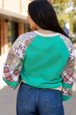 Fashion Dear-Lover Plaid Vintage Paisley Patchwork Long Sleeve Raglan Top Aruba Blue