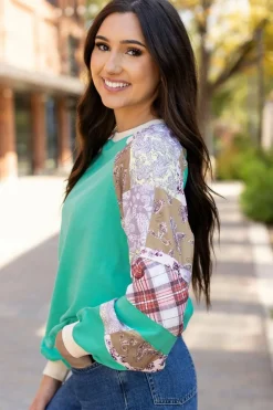 Fashion Dear-Lover Plaid Vintage Paisley Patchwork Long Sleeve Raglan Top Aruba Blue