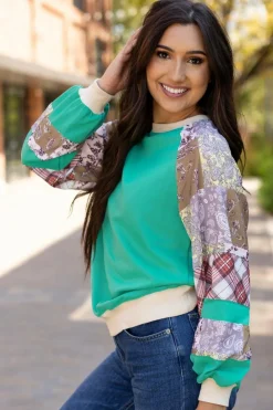 Fashion Dear-Lover Plaid Vintage Paisley Patchwork Long Sleeve Raglan Top Aruba Blue