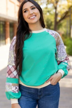 Fashion Dear-Lover Plaid Vintage Paisley Patchwork Long Sleeve Raglan Top Aruba Blue