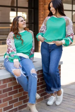 Fashion Dear-Lover Plaid Vintage Paisley Patchwork Long Sleeve Raglan Top Aruba Blue