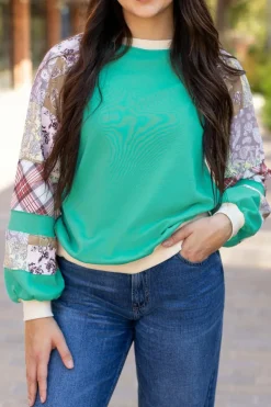 Fashion Dear-Lover Plaid Vintage Paisley Patchwork Long Sleeve Raglan Top Aruba Blue