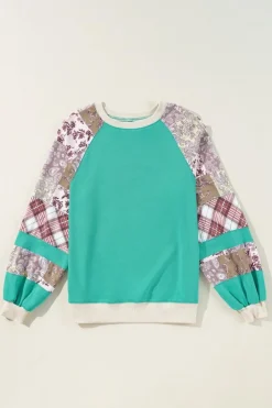 Fashion Dear-Lover Plaid Vintage Paisley Patchwork Long Sleeve Raglan Top Aruba Blue