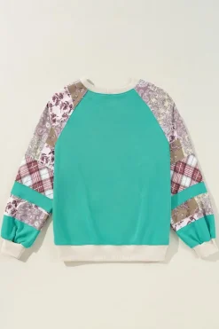 Fashion Dear-Lover Plaid Vintage Paisley Patchwork Long Sleeve Raglan Top Aruba Blue