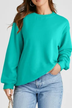 Online Dear-Lover Plain Drop Shoulder Crewneck Pullover Sweatshirt Aruba Blue