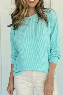 Hot Dear-Lover Solid Color Corded Knit Round Neck Top Aruba Blue