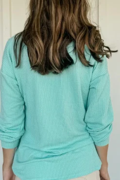 Hot Dear-Lover Solid Color Corded Knit Round Neck Top Aruba Blue