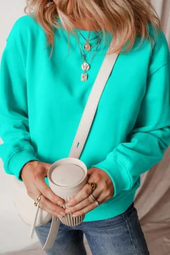 Clearance Dear-Lover Solid Fleece Lined Drop Shoulder Terry Sweatshirt Aruba Blue