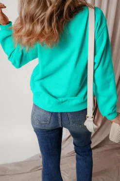 Clearance Dear-Lover Solid Fleece Lined Drop Shoulder Terry Sweatshirt Aruba Blue