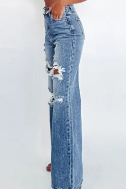 Sale Dear-Lover Acid Wash Distressed Wide Leg High Waist Jeans Ashleigh Blue