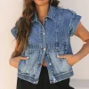 Outlet Dear-Lover Acid Wash Elastic Hem Button Up Denim Vest Ashleigh Blue