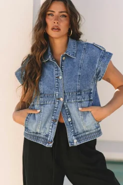 Outlet Dear-Lover Acid Wash Elastic Hem Button Up Denim Vest Ashleigh Blue