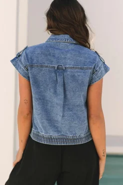 Outlet Dear-Lover Acid Wash Elastic Hem Button Up Denim Vest Ashleigh Blue