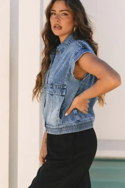 Outlet Dear-Lover Acid Wash Elastic Hem Button Up Denim Vest Ashleigh Blue