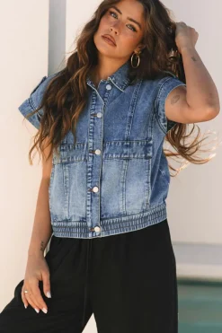 Outlet Dear-Lover Acid Wash Elastic Hem Button Up Denim Vest Ashleigh Blue