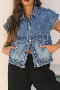 Outlet Dear-Lover Acid Wash Elastic Hem Button Up Denim Vest Ashleigh Blue
