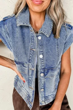 Outlet Dear-Lover Acid Wash Elastic Hem Button Up Denim Vest Ashleigh Blue