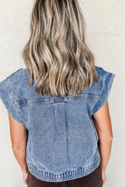 Outlet Dear-Lover Acid Wash Elastic Hem Button Up Denim Vest Ashleigh Blue