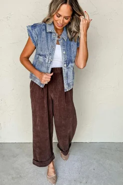 Outlet Dear-Lover Acid Wash Elastic Hem Button Up Denim Vest Ashleigh Blue