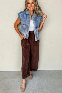 Outlet Dear-Lover Acid Wash Elastic Hem Button Up Denim Vest Ashleigh Blue