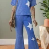 Fashion Dear-Lover Acid Wash Star Patched Rolled Trim Pants Set Ashleigh Blue