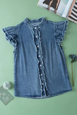 Hot Dear-Lover Button Front Ruffled Flutter Frayed Denim Top Ashleigh Blue