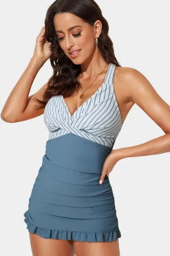 Fashion Dear-Lover Criss Cross Ruched Ruffled Two Piece Tankini Set Ashleigh Blue