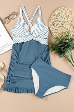 Fashion Dear-Lover Criss Cross Ruched Ruffled Two Piece Tankini Set Ashleigh Blue