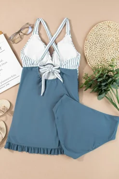 Fashion Dear-Lover Criss Cross Ruched Ruffled Two Piece Tankini Set Ashleigh Blue