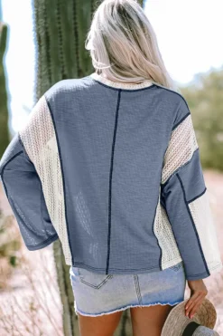 Sale Dear-Lover Crochet Detail Exposed Seam High Low Loose Top Ashleigh Blue