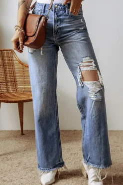 Sale Dear-Lover Distressed Raw Hem Straight Leg High Waist Jeans Ashleigh Blue