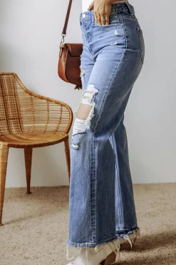 Sale Dear-Lover Distressed Raw Hem Straight Leg High Waist Jeans Ashleigh Blue