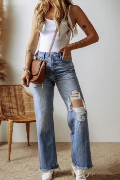 Sale Dear-Lover Distressed Raw Hem Straight Leg High Waist Jeans Ashleigh Blue
