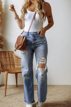 Sale Dear-Lover Distressed Raw Hem Straight Leg High Waist Jeans Ashleigh Blue