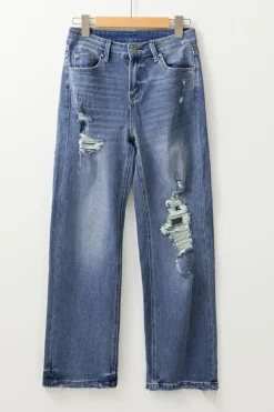 Sale Dear-Lover Distressed Raw Hem Straight Leg High Waist Jeans Ashleigh Blue