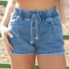 Clearance Dear-Lover Drawstring High Waist Casual Denim Shorts with Pockets Ashleigh Blue