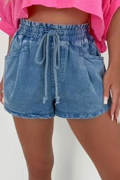 Clearance Dear-Lover Drawstring High Waist Casual Denim Shorts with Pockets Ashleigh Blue